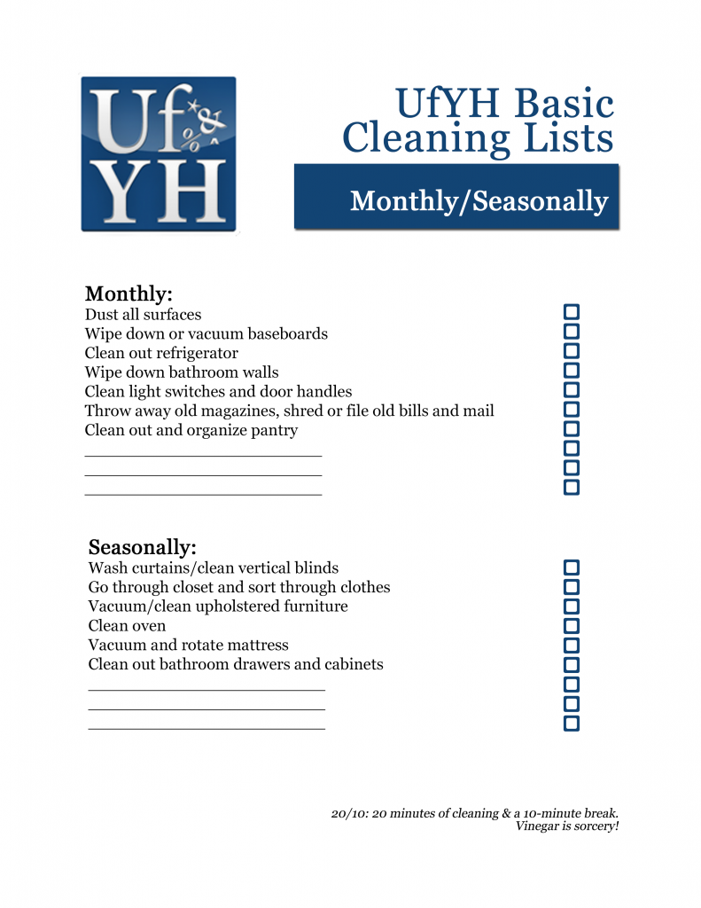 UfYH Monthly/Seasonally Checklist
